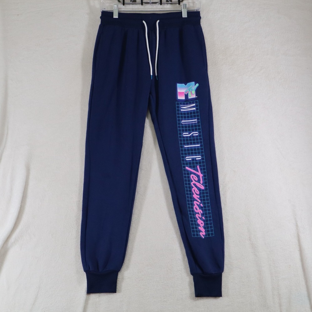 MTV Music Television Joggers Navy Blue Retro 80s Neon Grid Sweatpants Small S